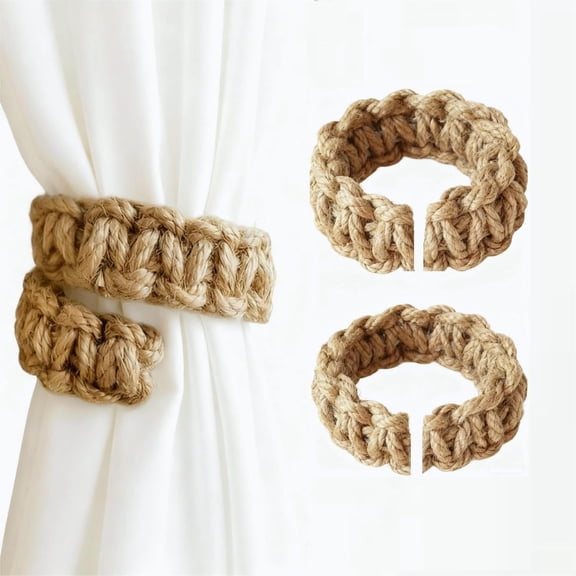 Braided Jute Curtain Tiebacks Set of 2, Rustic Curtain Tie Backs for Curtains, Decorative Drapery Holdbacks Bohemian and Farmhouse Style for Lightweight Sheer to Heavy Blackout Curtains (Brown)