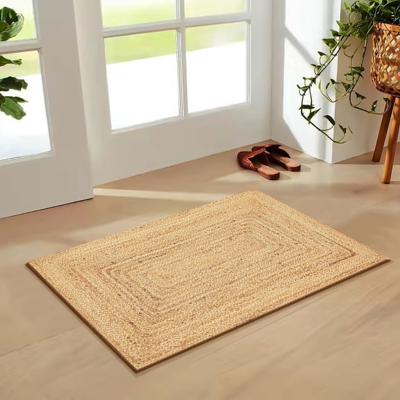 Handwoven Jute Area Rug 2x3 Feet, Natural Yarn Braided Reversible Rug, Rustic Vintage Beige Farmhouse Decor for Bedroom, Kitchen, Living Room, Entryway, Beige