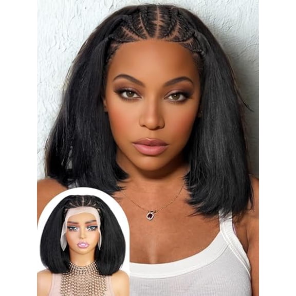 Braided Kinky Straight Bob Wig for Black Women 13x4 Cornrow Braided Lace Frontal Wig 12 Inch Yaki Kinky Straight Synthetic 200% Density Pre-braid Cornrow Glueless Natutal