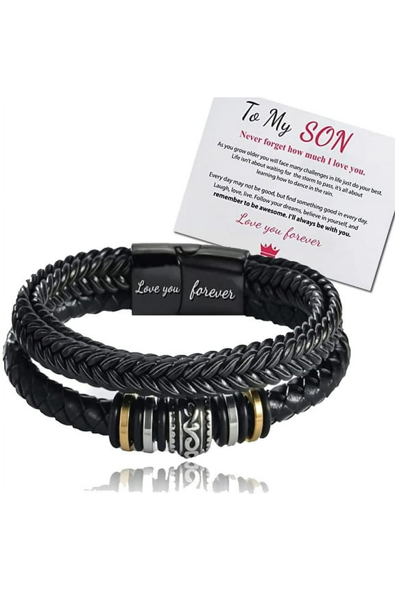 Braided Leather Bracelet "I Will Always Be With You", Men's Personalised Double Row Woven Leather Motivational Bracelet, Gift for Son With Love You Forever (Grandson)