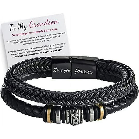 Braided Leather Bracelet "I Will Always Be With You", Men's Personalised Double Row Woven Leather Motivational Bracelet, Gift for Son With Love You Forever (Grandson)