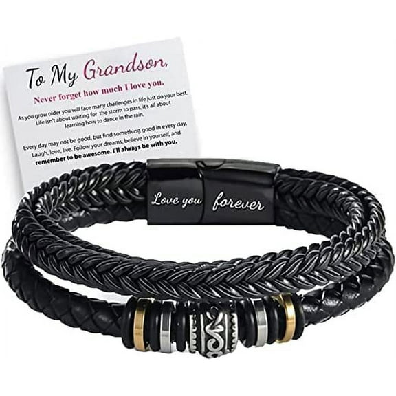 Braided Leather Bracelet "I Will Always Be With You", Men's Personalised Double Row Woven Leather Motivational Bracelet, Gift for Son With Love You Forever (Grandson)