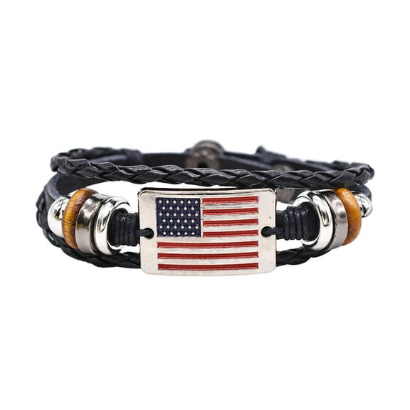Braided Leather Bracelet with Flag Snap Buckle - Red White Blue Beaded Style Wristband
