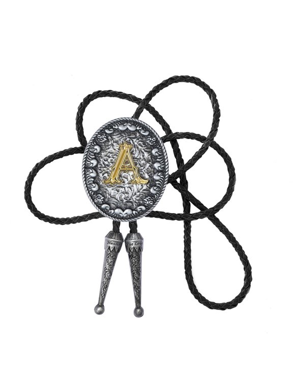 Braided Leather Cord Bolotie with Metal Initial Letter Pendant Adjustable Chain Necktie Western Necklace for Festivals