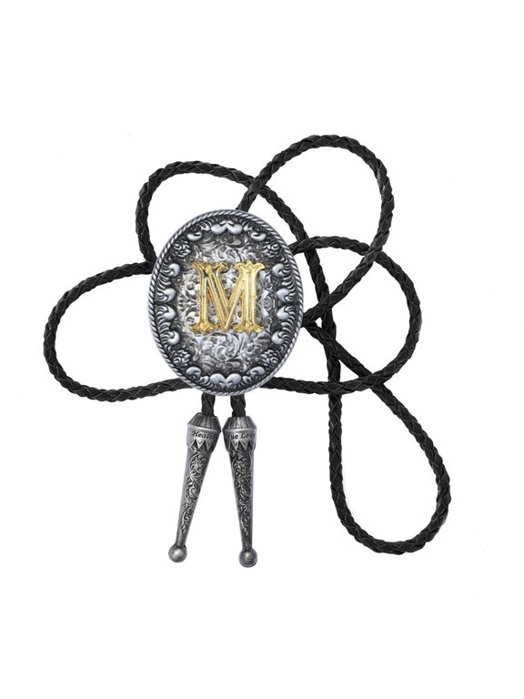 Braided Leather Cord Bolotie with Metal Initial Letter Pendant Adjustable Chain Necktie Western Necklace for Festivals