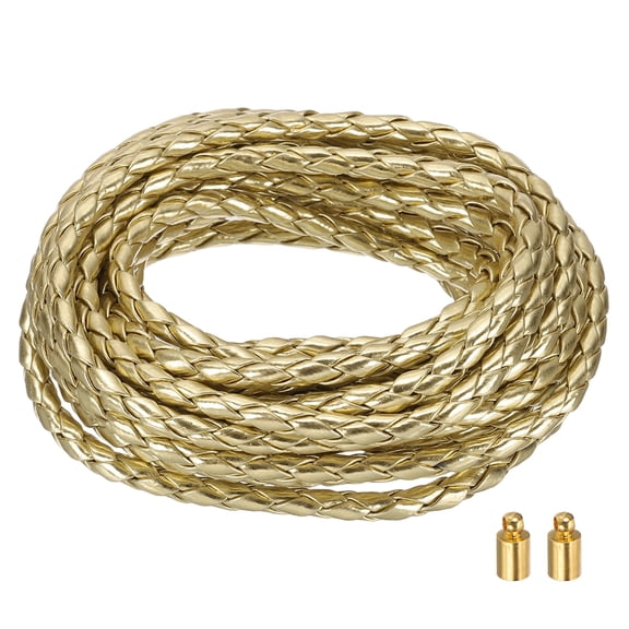 Braided Leather Cords, 3.3 Yard Strap with Cord Lock, 4mm Dia, Gold