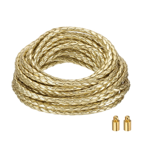 Braided Leather Cords, 6.6 Yard Strap with Cord Lock, 4mm Dia, Gold