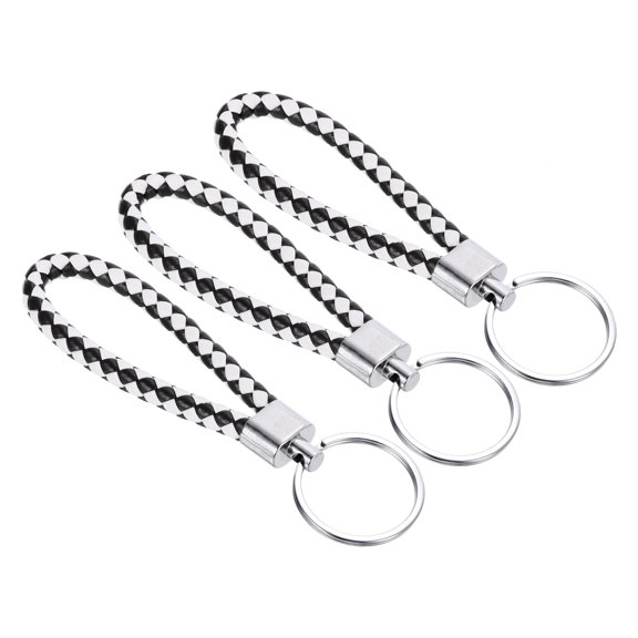 Braided Leather Keychain with Stainless Steel Key Ring, PU Woven Wristlet Lanyard, Black White 3 Pack