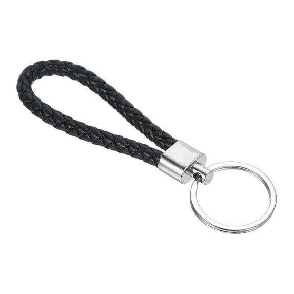 Braided Leather Keychain with Stainless Steel Key Ring, PU Woven Wristlet Lanyard, Black