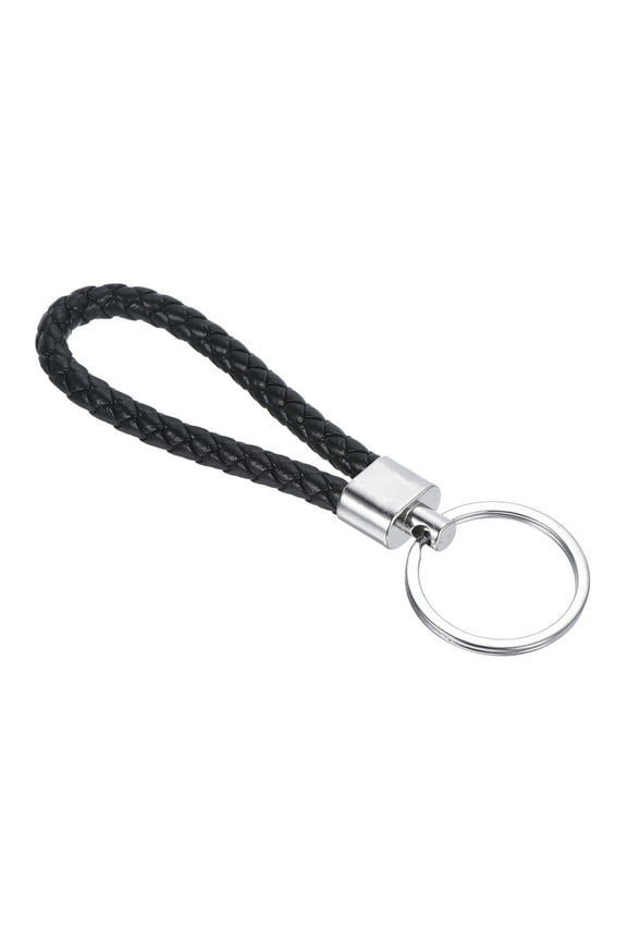 Braided Leather Keychain with Stainless Steel Key Ring, PU Woven Wristlet Lanyard, Black