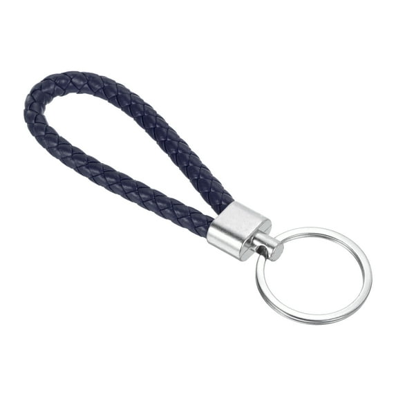 Braided Leather Keychain with Stainless Steel Key Ring, PU Woven Wristlet Lanyard, Dark Blue