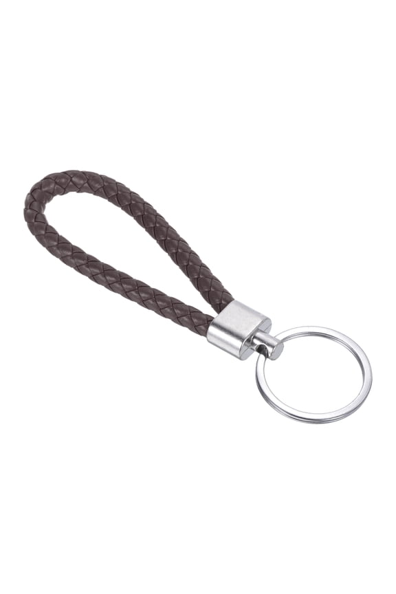 Braided Leather Keychain with Stainless Steel Key Ring, PU Woven Wristlet Lanyard, Dark Brown