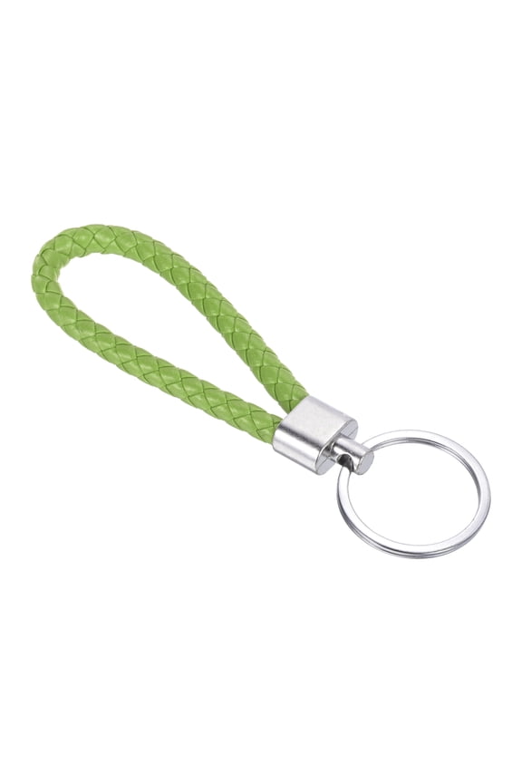 Braided Leather Keychain with Stainless Steel Key Ring, PU Woven Wristlet Lanyard, Fruit Green