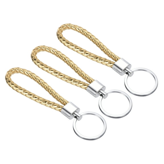 Braided Leather Keychain with Stainless Steel Key Ring, PU Woven Wristlet Lanyard, Golden 3 Pack