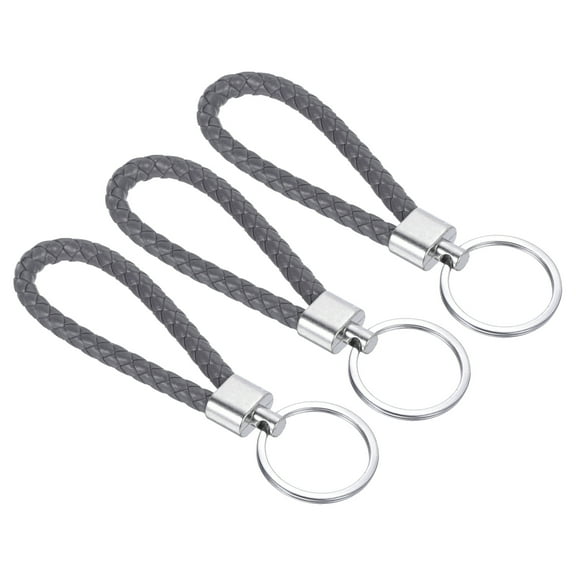 Braided Leather Keychain with Stainless Steel Key Ring, PU Woven Wristlet Lanyard, Gray 3 Pack