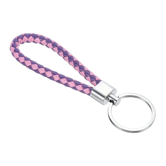 Braided Leather Keychain with Stainless Steel Key Ring, PU Woven Wristlet Lanyard, Pink Purple