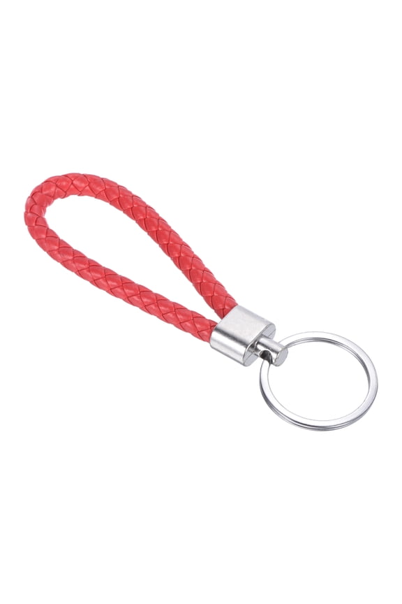 Braided Leather Keychain with Stainless Steel Key Ring, PU Woven Wristlet Lanyard, Red