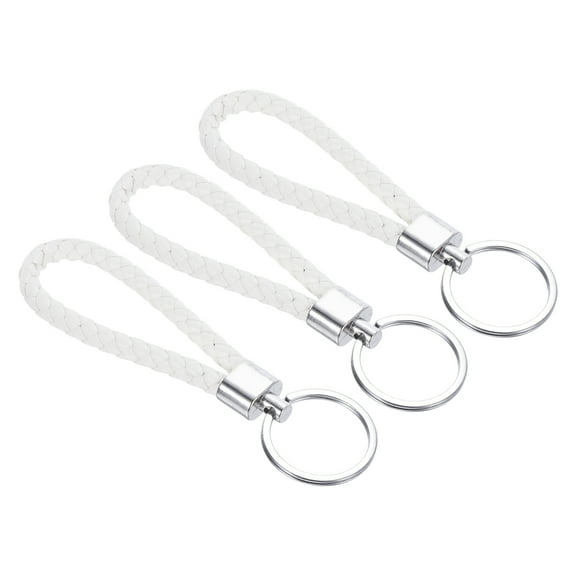 Braided Leather Keychain with Stainless Steel Key Ring, PU Woven Wristlet Lanyard, White 3 Pack