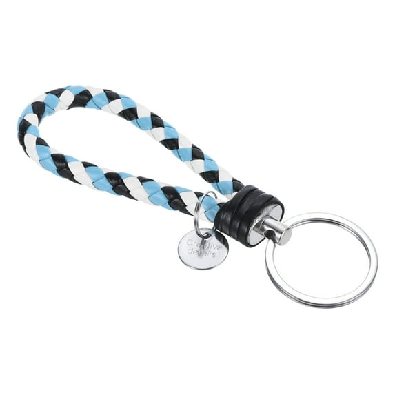 Braided Leather Keychain with Stainless Steel Key Ring Sleeve, PU Woven Wristlet Lanyard, Black White Sky Blue