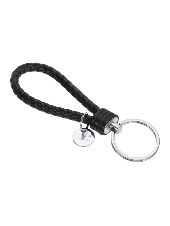 Braided Leather Keychain with Stainless Steel Key Ring Sleeve, PU Woven Wristlet Lanyard, Black