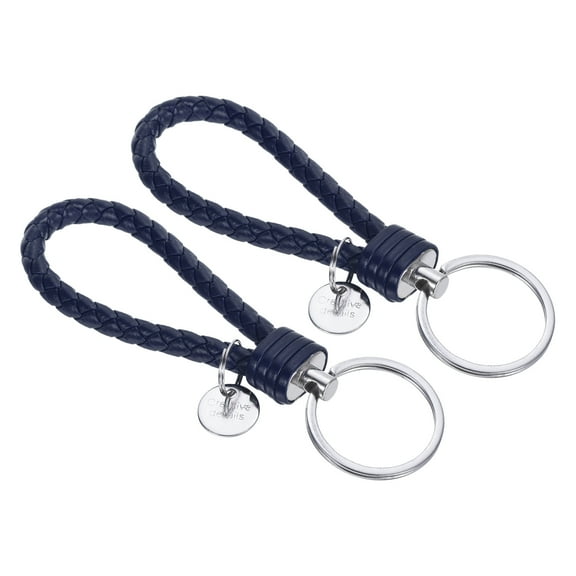 Braided Leather Keychain with Stainless Steel Key Ring Sleeve, PU Woven Wristlet Lanyard, Dark Blue 2 Pack