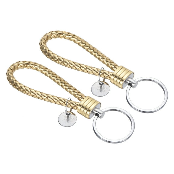 Braided Leather Keychain with Stainless Steel Key Ring Sleeve, PU Woven Wristlet Lanyard, Golden 2 Pack