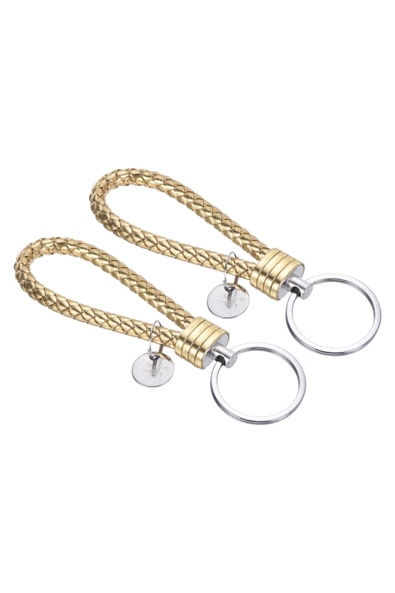 Braided Leather Keychain with Stainless Steel Key Ring Sleeve, PU Woven Wristlet Lanyard, Golden 2 Pack