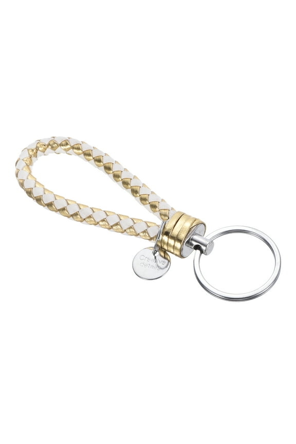 Braided Leather Keychain with Stainless Steel Key Ring Sleeve, PU Woven Wristlet Lanyard, Golden White