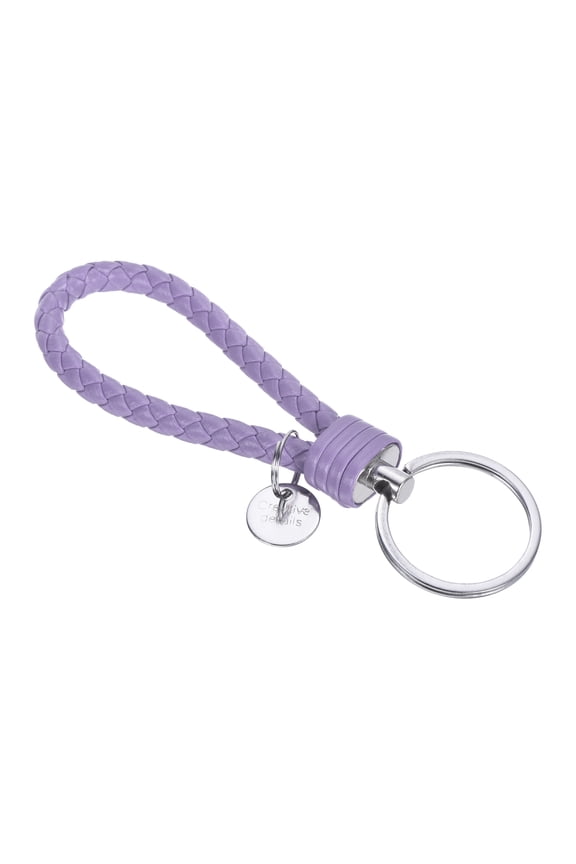 Braided Leather Keychain with Stainless Steel Key Ring Sleeve, PU Woven Wristlet Lanyard, Light Purple