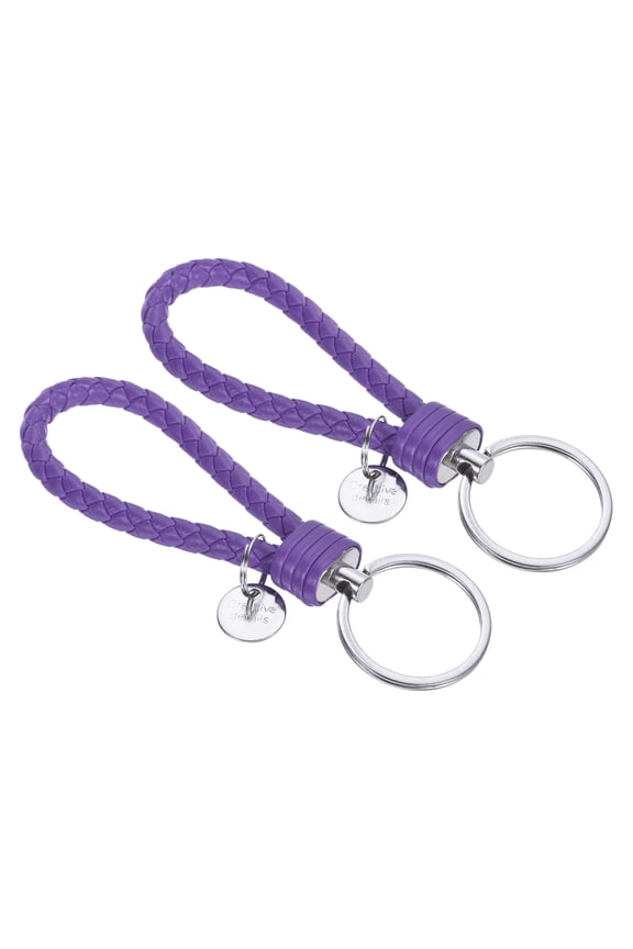 Braided Leather Keychain with Stainless Steel Key Ring Sleeve, PU Woven Wristlet Lanyard, Purple 2 Pack