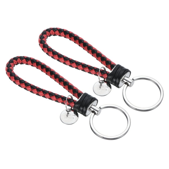 Braided Leather Keychain with Stainless Steel Key Ring Sleeve, PU Woven Wristlet Lanyard, Red Black 2 Pack