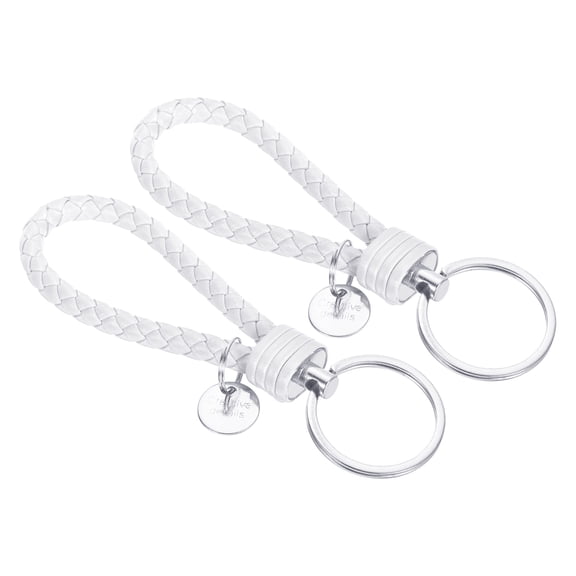 Braided Leather Keychain with Stainless Steel Key Ring Sleeve, PU Woven Wristlet Lanyard, White 2 Pack