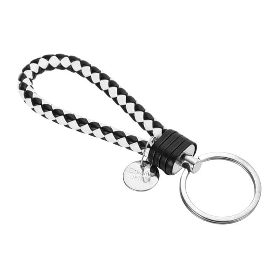 Braided Leather Keychain with Stainless Steel Key Ring Sleeve, PU Woven Wristlet Lanyard, White Black