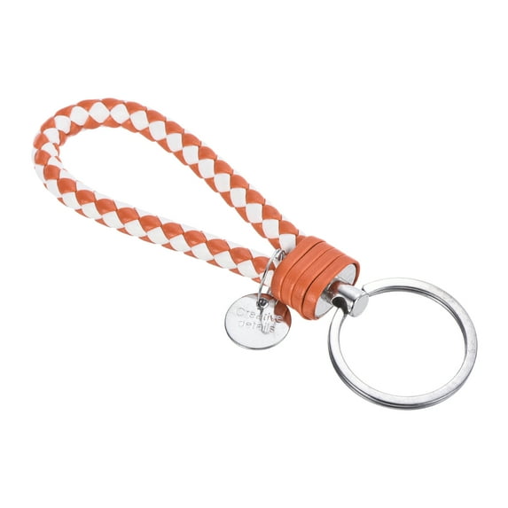 Braided Leather Keychain with Stainless Steel Key Ring Sleeve, PU Woven Wristlet Lanyard, White Orange
