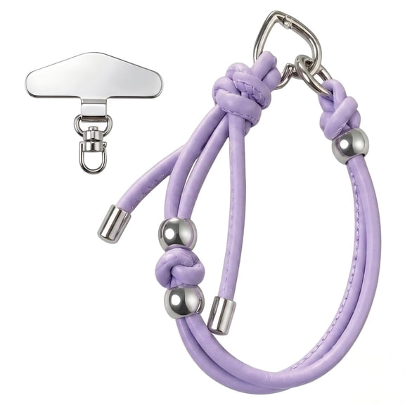 Hand-Woven Phone Lanyard Wrist Strap, Braided Leather Keyring with Silver Beads, Universal Phone Charm and Keychain for Women (Light purple)