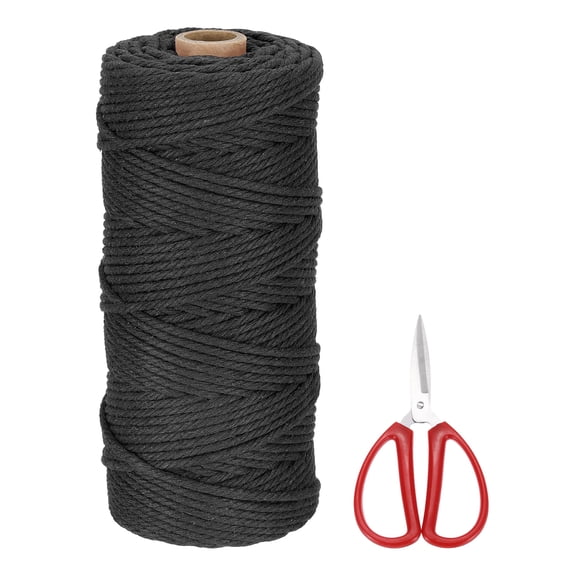 Braided Macrame Cord, 3mm x 109 Yards Natural Cotton Rope Macrame Yarn Bohemia Craft String with Scissors(Black)