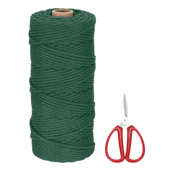 Braided Macrame Cord, 3mm x 109 Yards Natural Cotton Rope Macrame Yarn Bohemia Craft String with Scissors(Dark Green)