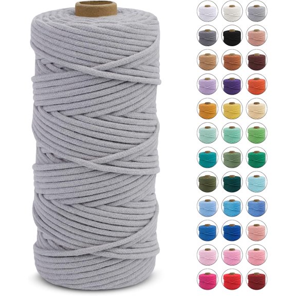 Braided Macrame Cord 3mm x 109 Yards, Rope Yarn Natural Cotton Craft String, Thread for Handmade Plant Hangers, Wall Hanging, DIY Crafts (Light Gray) Light Gray 109Yards