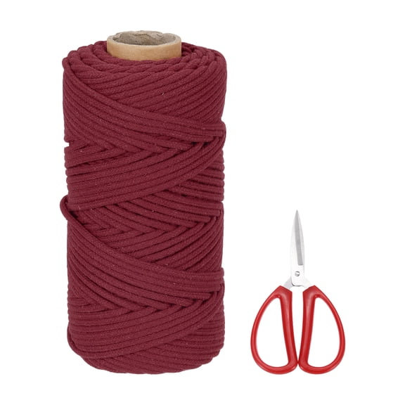Braided Macrame Cord, 4mm x 109 Yards Natural Cotton Rope Macrame Yarn Bohemia Craft String with Scissors(Wine Red)
