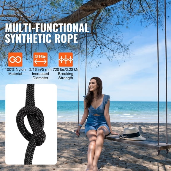 Braided Nylon Cord,3/16"by 250 feet,32-Strand Design,720 LBS Tensile Strength,Multi-Purpose Black Rope for Outdoor,Tree Work,Hiking,Swinging,and Rescue Operations