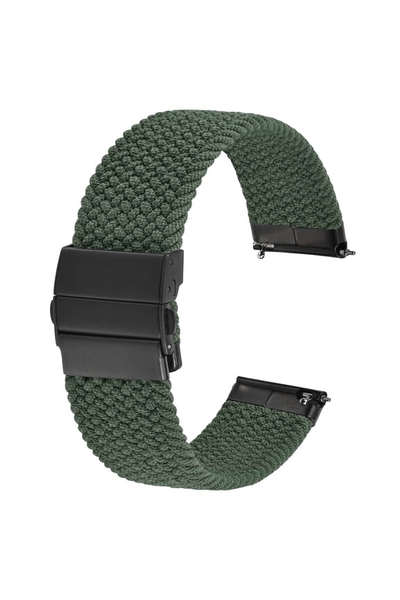 Braided Nylon Watch Strap, 20mm Stretchy Replacement Band, Green with Black Push Button Folding Clasp