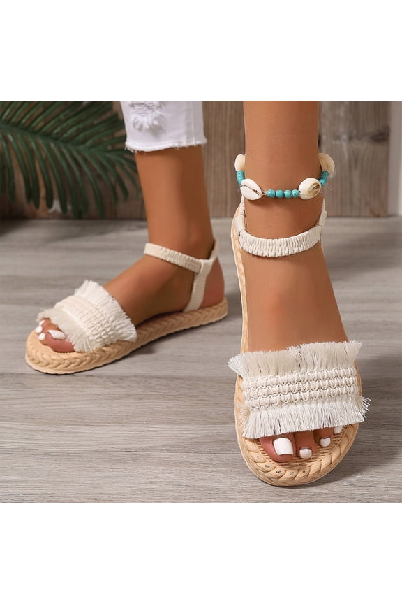 Braided Open Toe Shoes, Elastic Ankle Strap Sandals, Cute Summer Sandals for Women Boho Straw Look Fringe Slingback Flat Shoes Resort Vacation Bohemian Open Toe Casual Footwear, Beige 6.5
