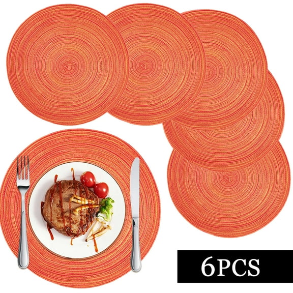 Braided Placemats for Dining Table Set of 6 - Round 15 inch Woven Heat Resistant Non-Slip Kitchen Table Mats, Red