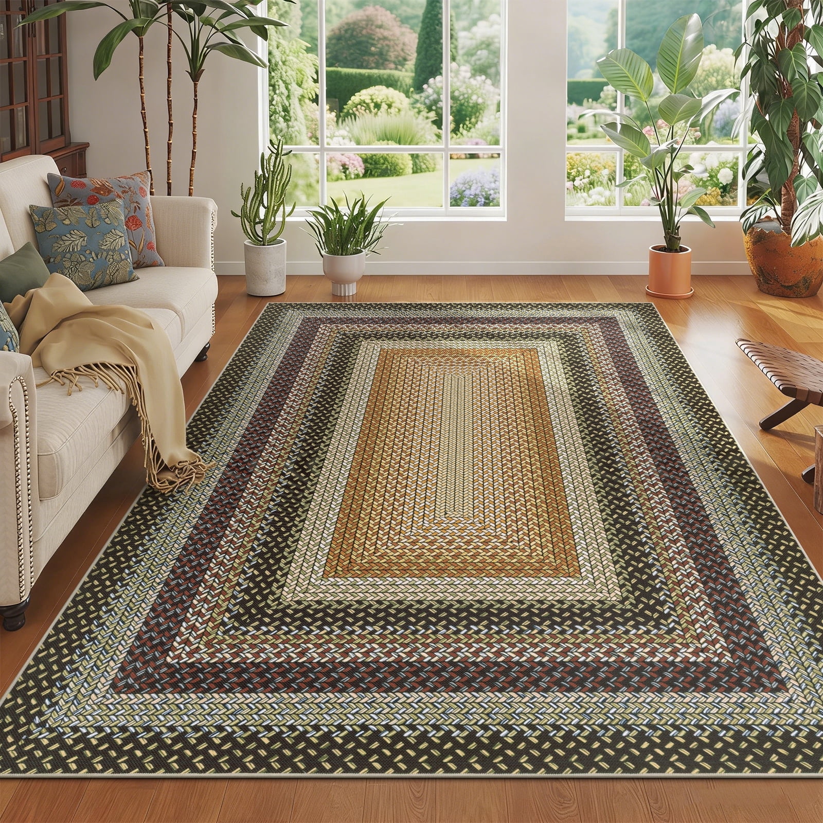 Braided Jute Print Area Rug Washable Non-Slip Pet Friendly Carpet with Concentric Design, Stain Resistant for Living Room, Bedroom & Home Office