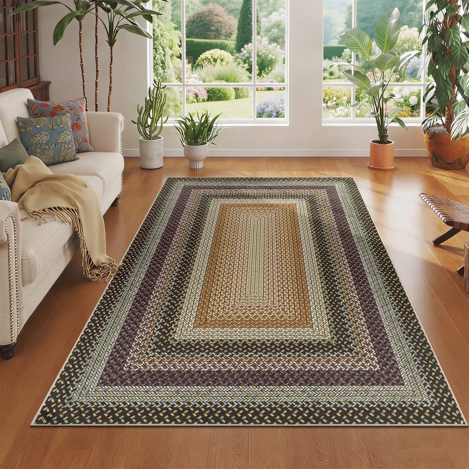 5' x 8' Braided Jute Print Area Rug Washable Non-Slip Pet Friendly Carpet with Concentric Design, Stain Resistant for Living Room, Bedroom & Home Office