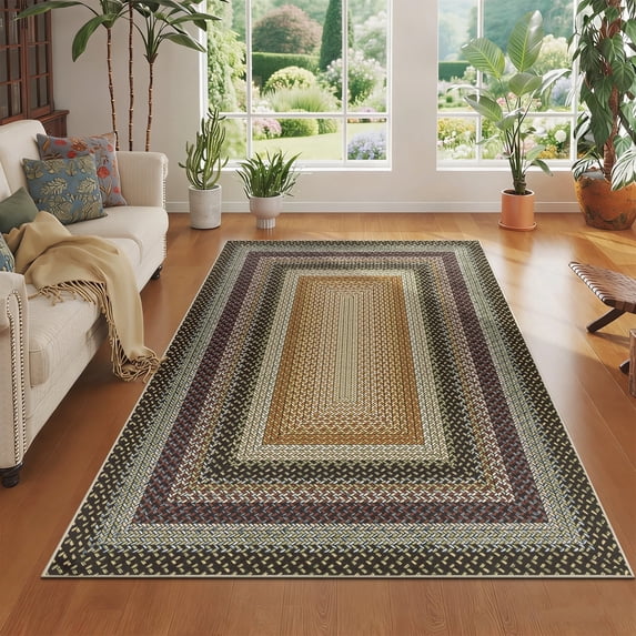 5' x 8' Braided Jute Print Area Rug Washable Non-Slip Pet Friendly Carpet with Concentric Design, Stain Resistant for Living Room, Bedroom & Home Office