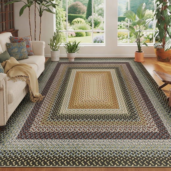 8' x 10' Braided Jute Print Area Rug Washable Non-Slip Pet Friendly Carpet with Concentric Design, Stain Resistant for Living Room, Bedroom & Home Office