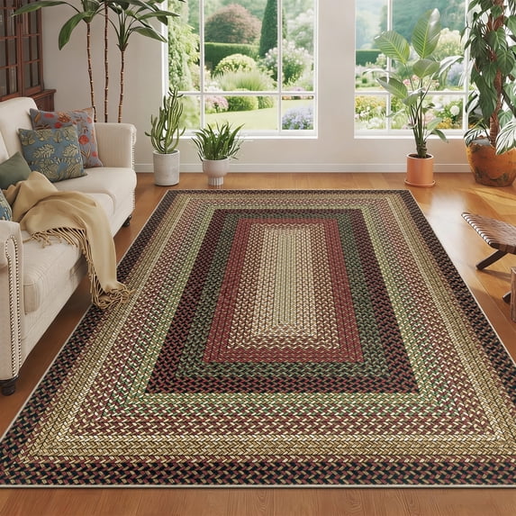 6' x 9' Braided Jute Print Area Rug Washable Non-Slip Pet Friendly Carpet with Concentric Design, Stain Resistant for Living Room, Bedroom & Home Office