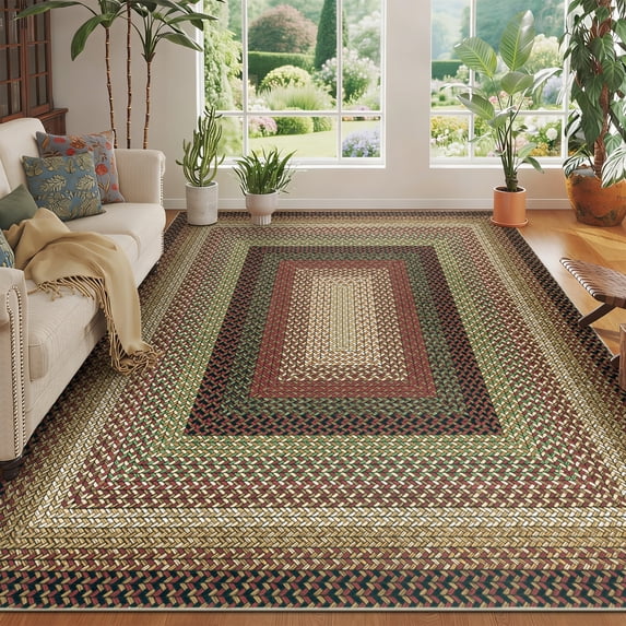 8' x 10' Braided Jute Print Area Rug Washable Non-Slip Pet Friendly Carpet with Concentric Design, Stain Resistant for Living Room, Bedroom & Home Office