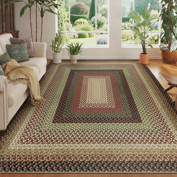 8' x 10' Braided Jute Print Area Rug Washable Non-Slip Pet Friendly Carpet with Concentric Design, Stain Resistant for Living Room, Bedroom & Home Office